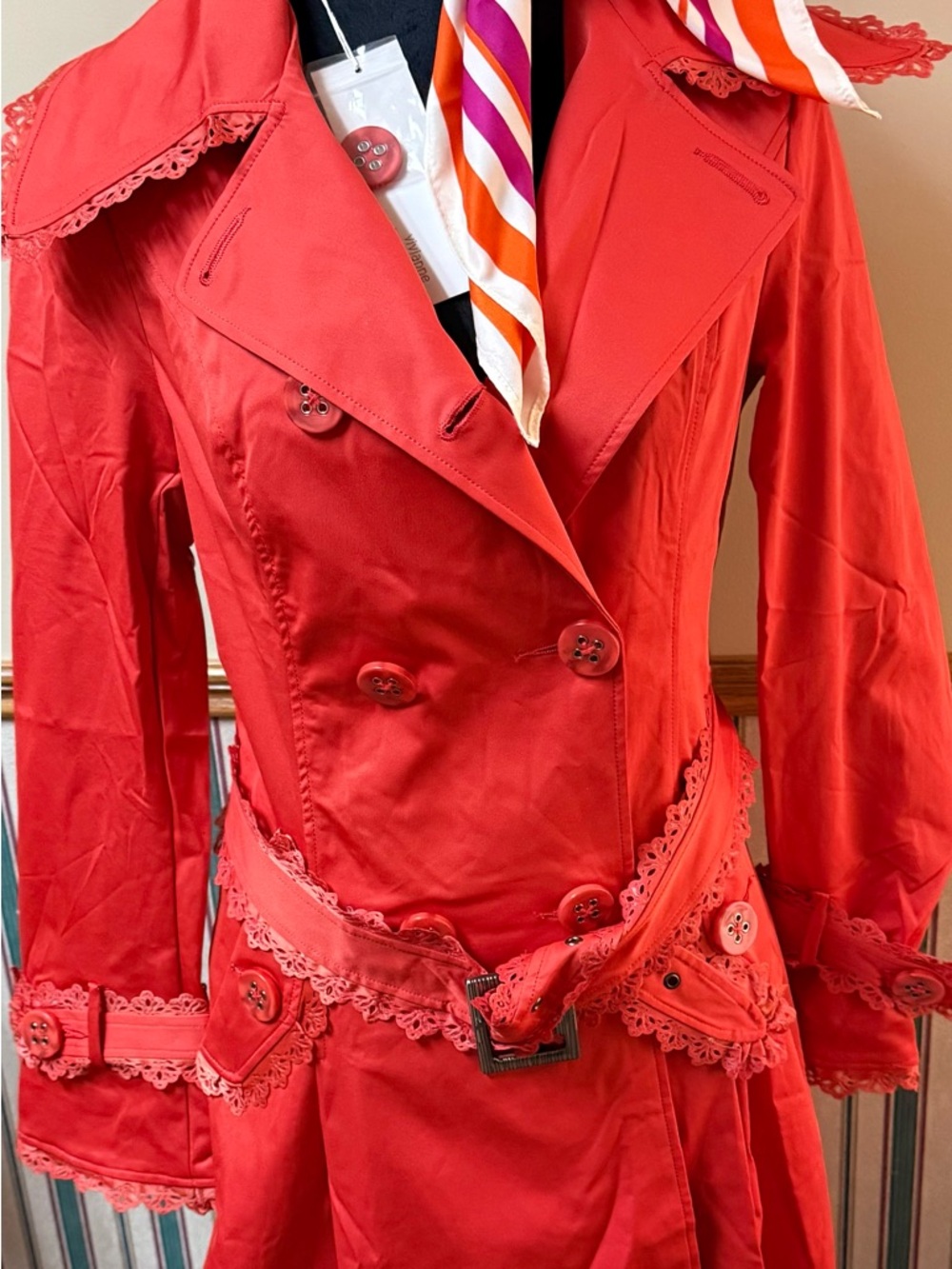 Vintage Vivienne Waterstone Red Lace-Trim Double-Breasted Trench Coat